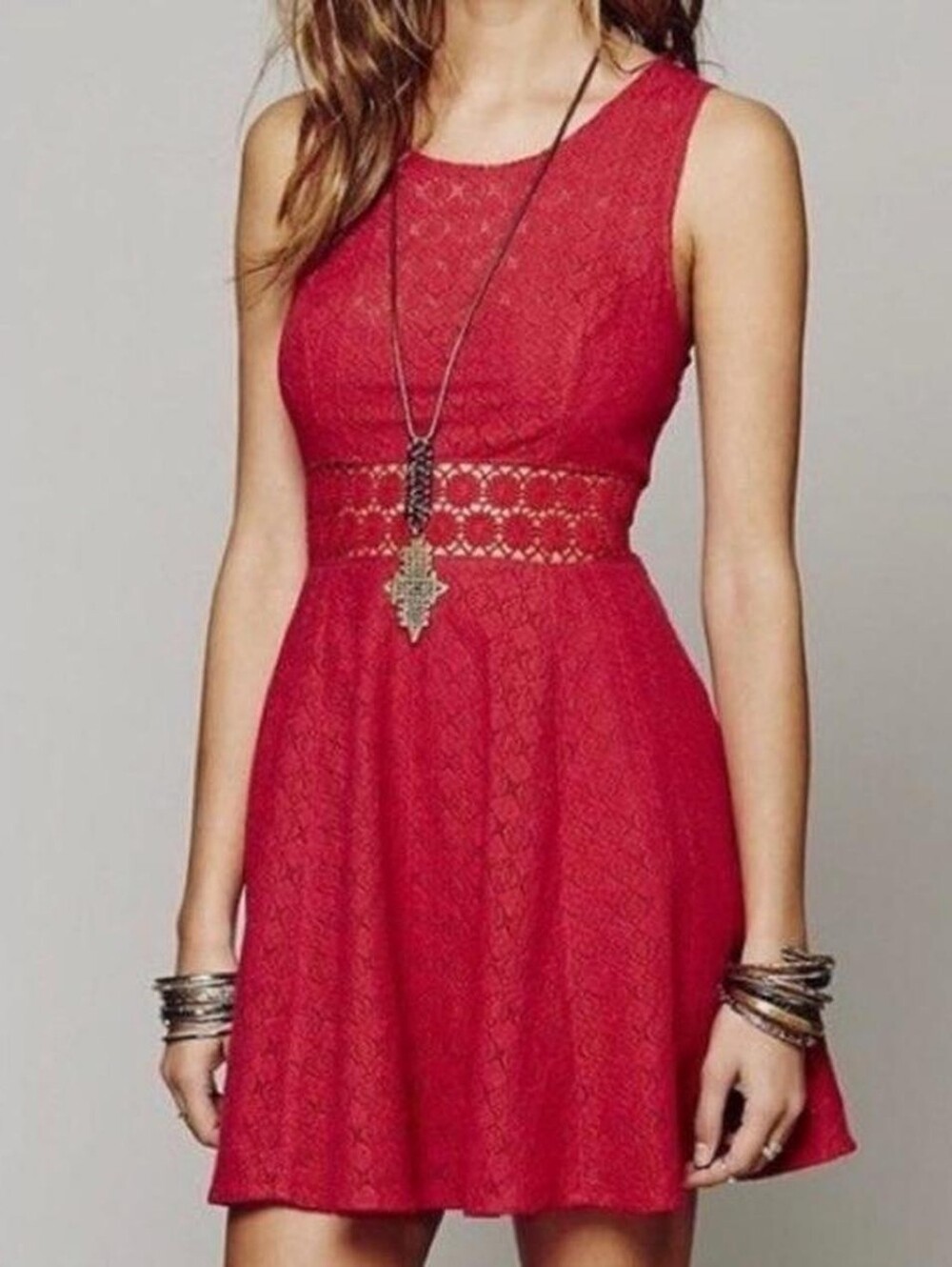 NWOT Free People Fitted With Dasies Red Lace Skater Dress Fit And Flare Size 4